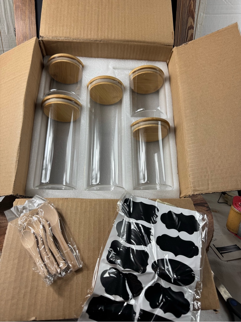 Set of 5 Clear Glass Canisters with Bamboo Lids,wood spoons and stick labels
